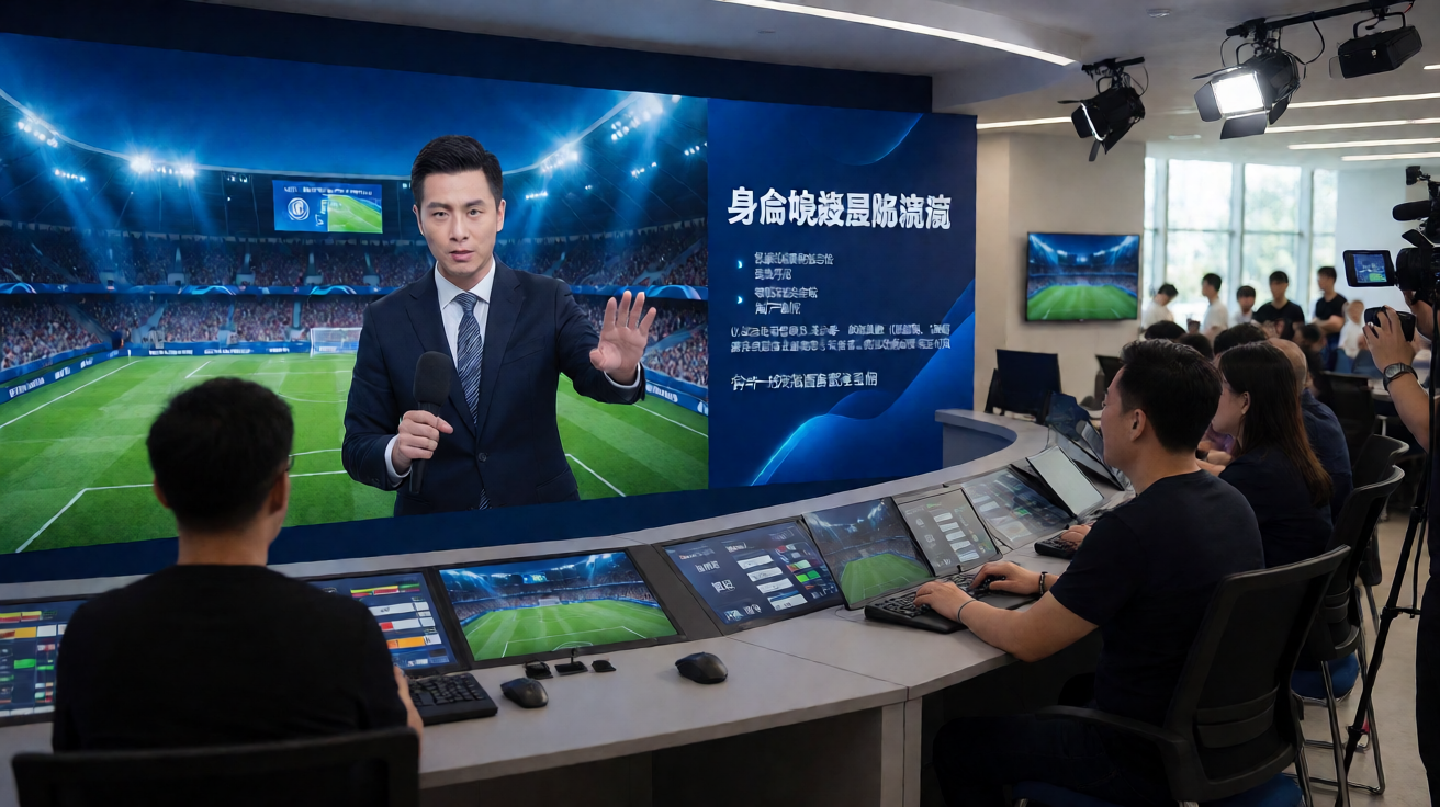 体育直播演播室，解说员实时分析比赛画面